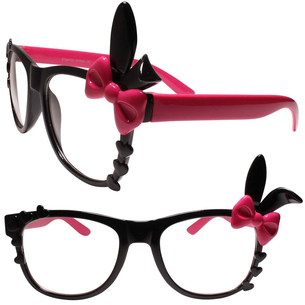 Bunny Ears Fun Party Colorful Cute Heart Accent Black & Pink Clear Lens Glasses